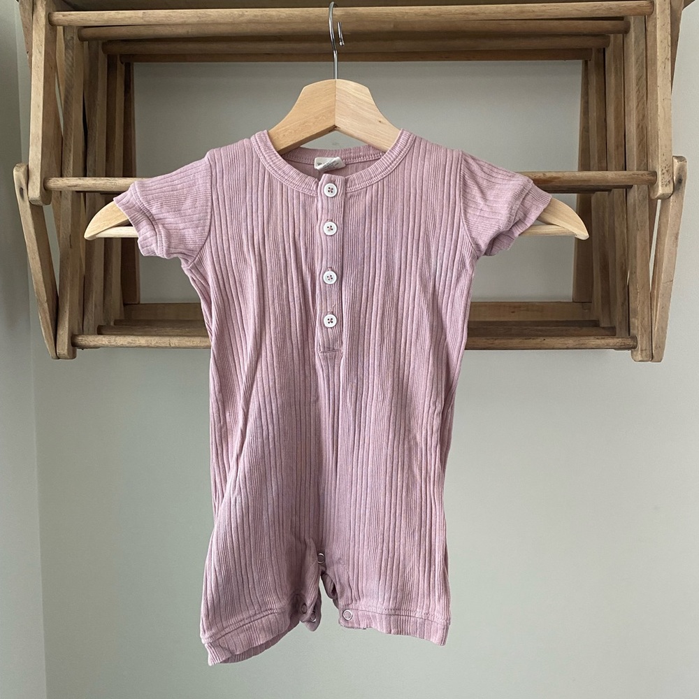 Kate Quinn, button up, tee and shorts romper. Size 18-24m